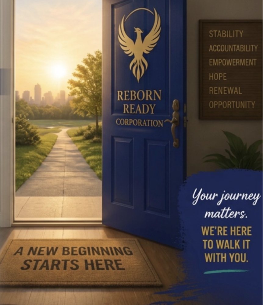 An open navy door with the Reborn Ready phoenix on it and a doormat that reads A New Beginning Starts Here