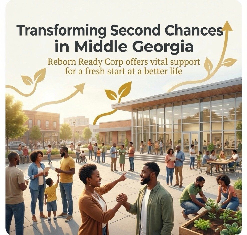 Illustration titled Transforming Second Chances in Middle Georgia, Reborn Ready Corp offers vital support for a fresh start at a better life, showing community members and a handshake outside a community center