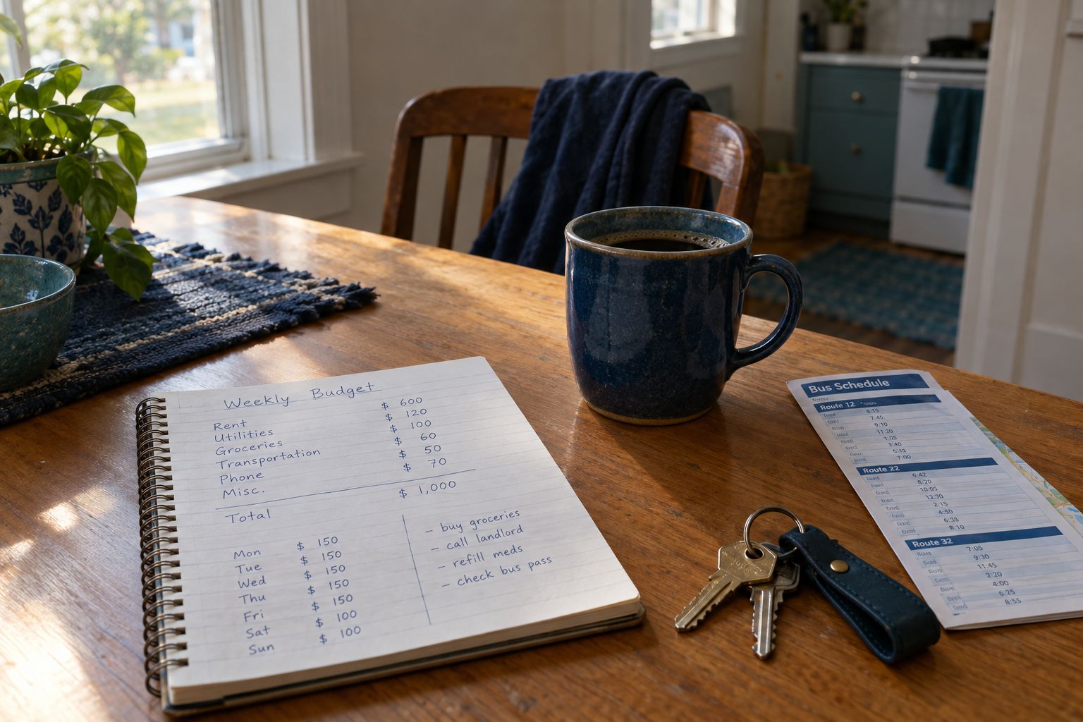 A kitchen table in a shared house with a handwritten weekly budget, a coffee mug, a bus schedule, and house keys