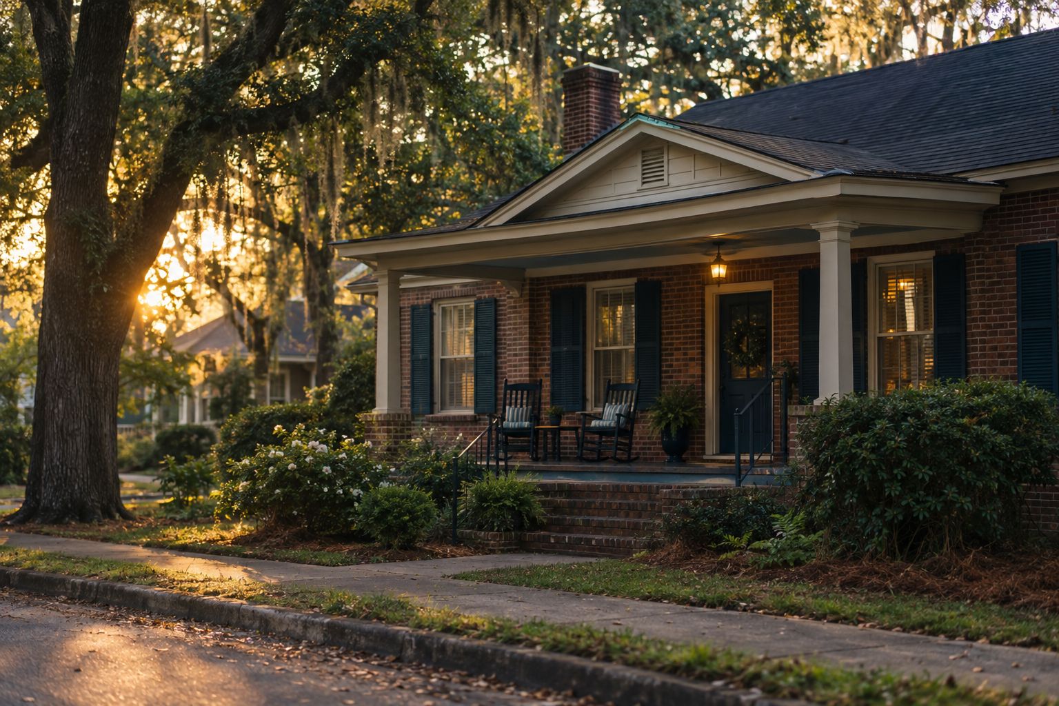 Illustrative photo of a brick house with a covered porch and rocking chairs at sunset